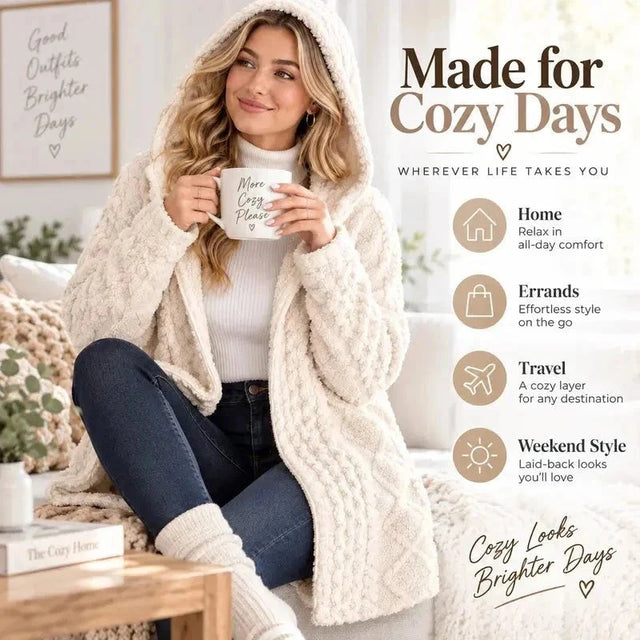 Women's Fuzzy Sherpa Hooded Cardigan, Soft Plush Fleece Open Front Coat