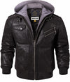 Men’s Brown Genuine Leather Motorcycle Jacket with Removable Hood