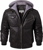 Men’s Brown Genuine Leather Motorcycle Jacket with Removable Hood