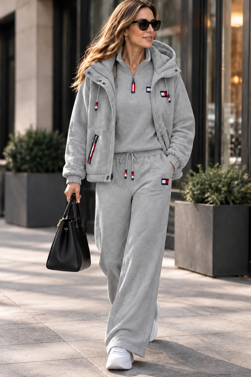 Women's 3-Piece Lounge Set – Hooded Jacket, Quarter-Zip Top & Wide-Leg Pants
