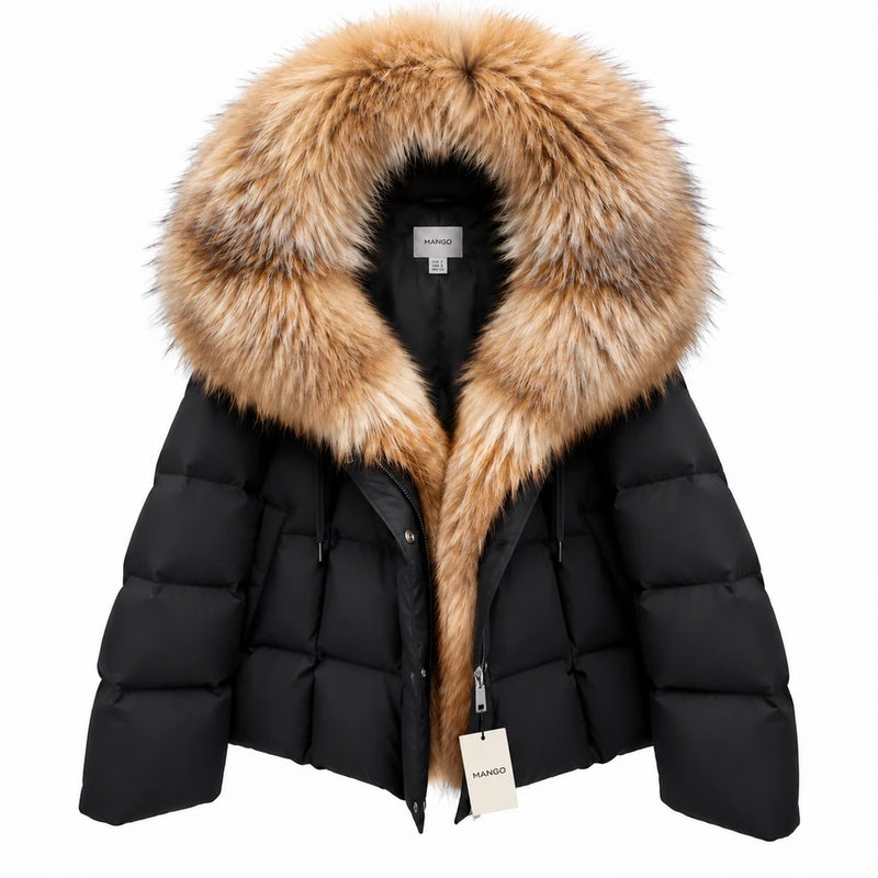 MANGO Women's Luxury Fur-Trim Hooded Cropped Down Puffer Jacket