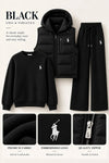 Women's 3-Piece Cashmere Knit Sweater Set – Hooded Puffer Vest & Wide-Leg Pants