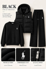 Women's 3-Piece Cashmere Knit Sweater Set – Hooded Puffer Vest & Wide-Leg Pants