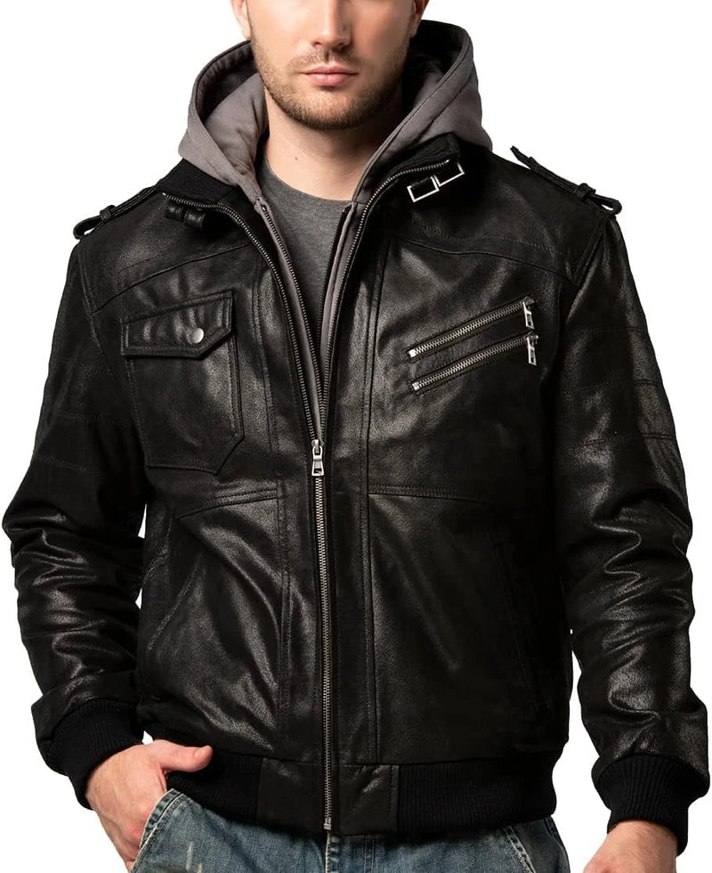 Men’s Brown Genuine Leather Motorcycle Jacket with Removable Hood