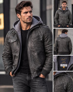 Men’s Brown Genuine Leather Motorcycle Jacket with Removable Hood